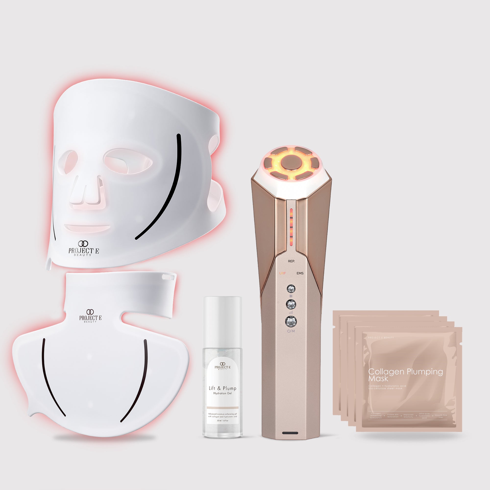 Advanced LED therapy mask with neck coverage, paired with lifting wand and collagen skincare for full-face and neck care