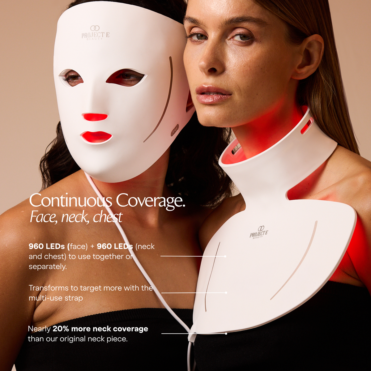 Woman wearing the LumaLux Face+ V2 neck panel while holding the face mask beside her face